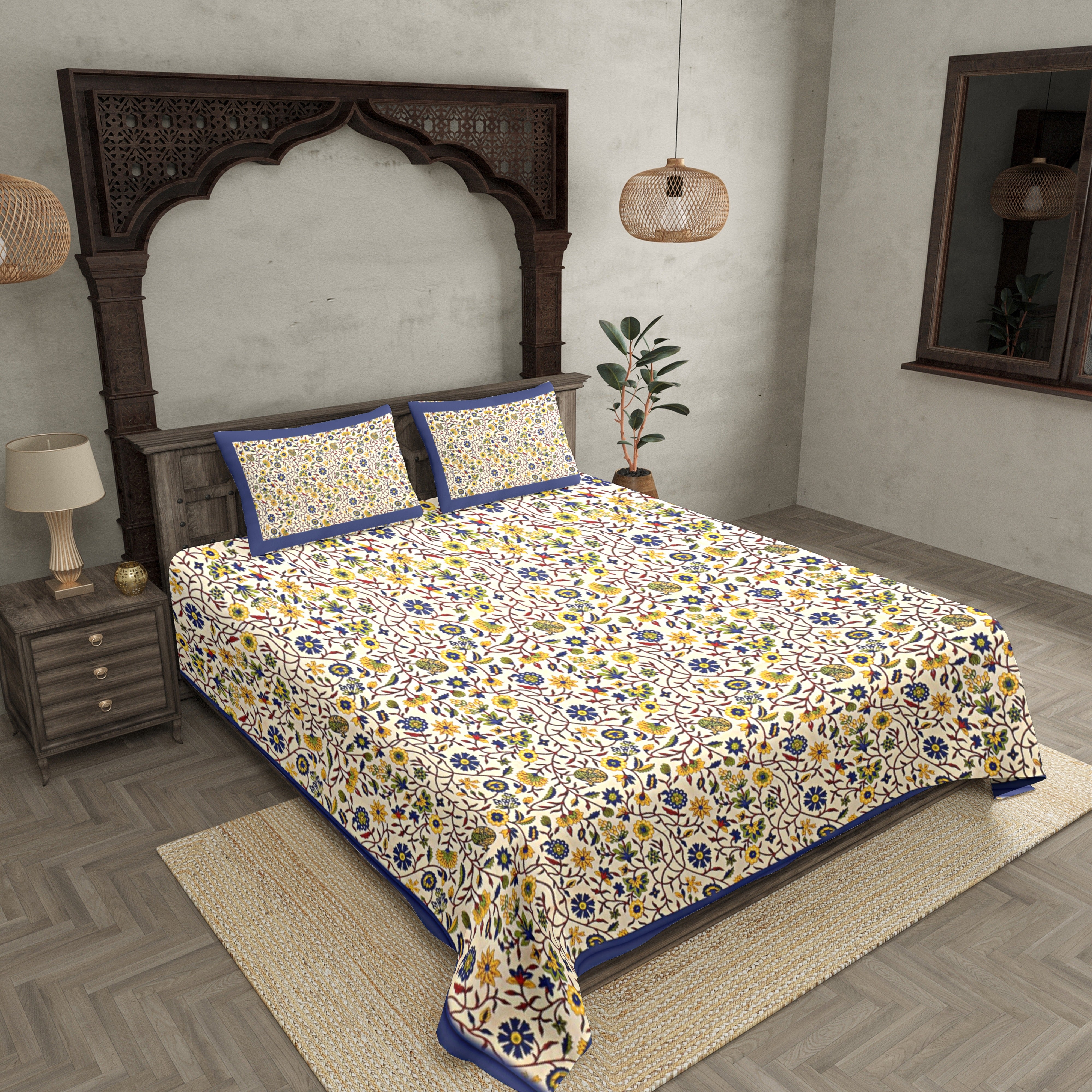 Double bedsheet with Blue Border Branch of Pomegranate With Two Pillow Cover