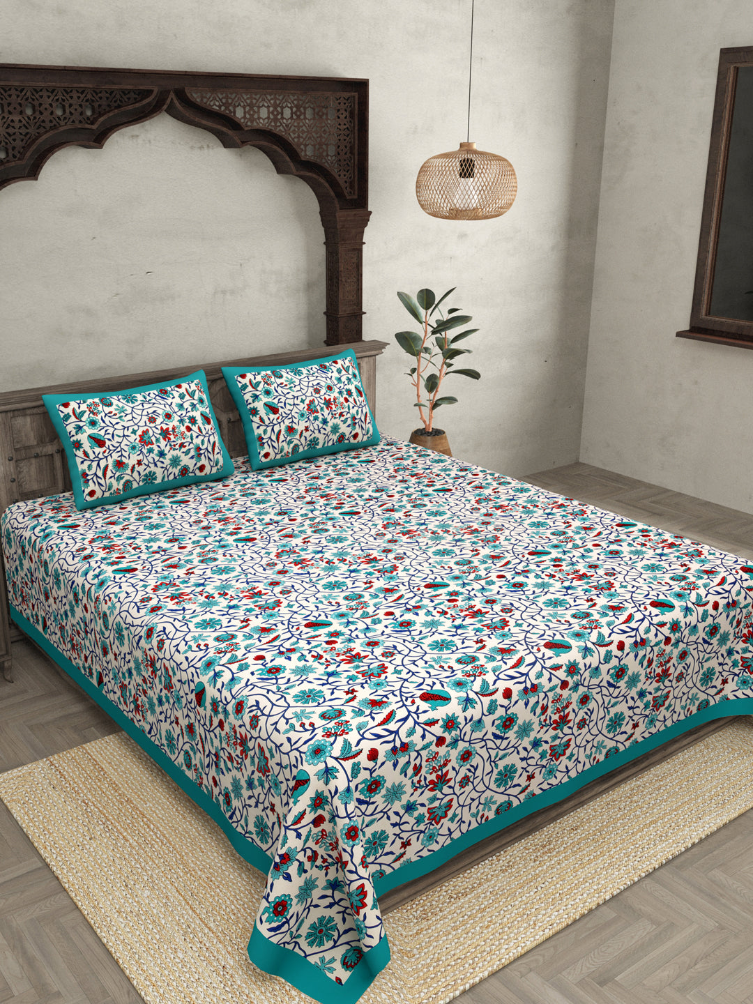Double Bedsheet With Sea Green Branch Of Pomegranate With Two Pillow Cover