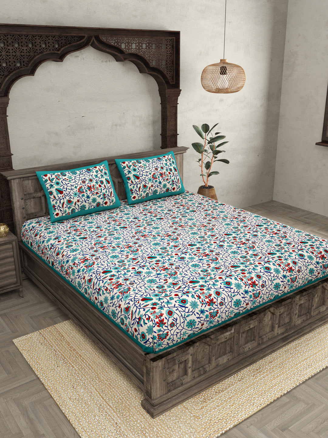 Double Bedsheet With Sea Green Branch Of Pomegranate With Two Pillow Cover