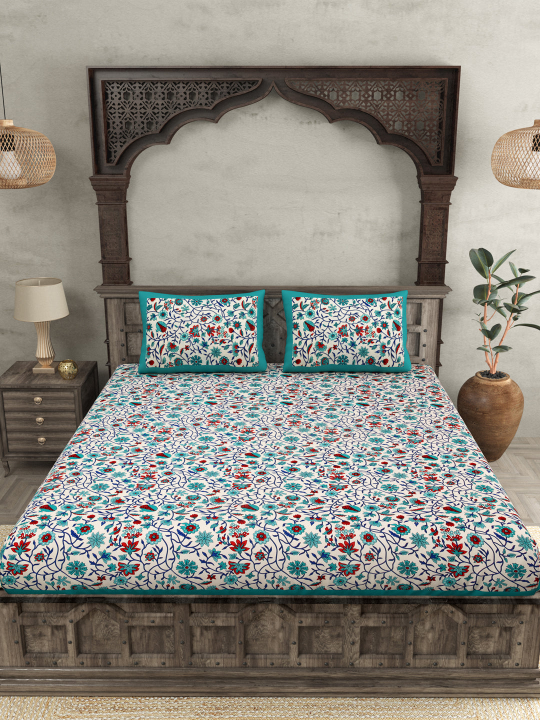 Double Bedsheet With Sea Green Branch Of Pomegranate With Two Pillow Cover