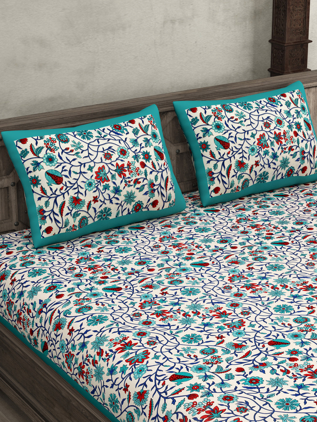 Double Bedsheet With Sea Green Branch Of Pomegranate With Two Pillow Cover