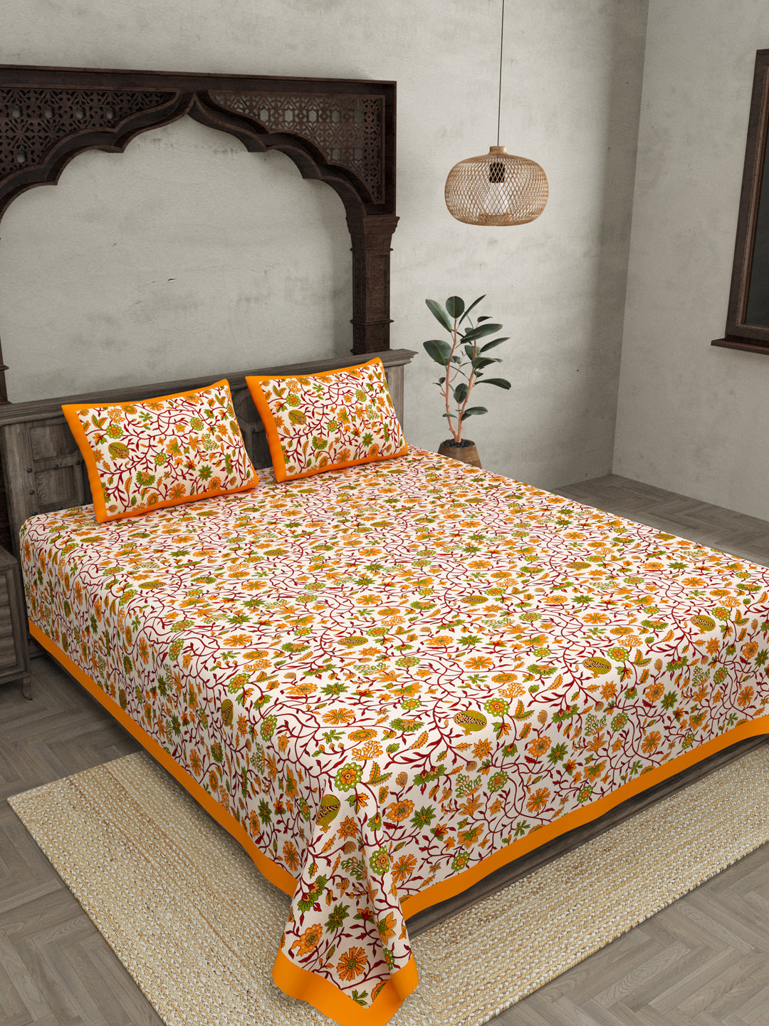 Double Bedsheet With Yellow Branch Of Pomegranate With Two Pillow Cover