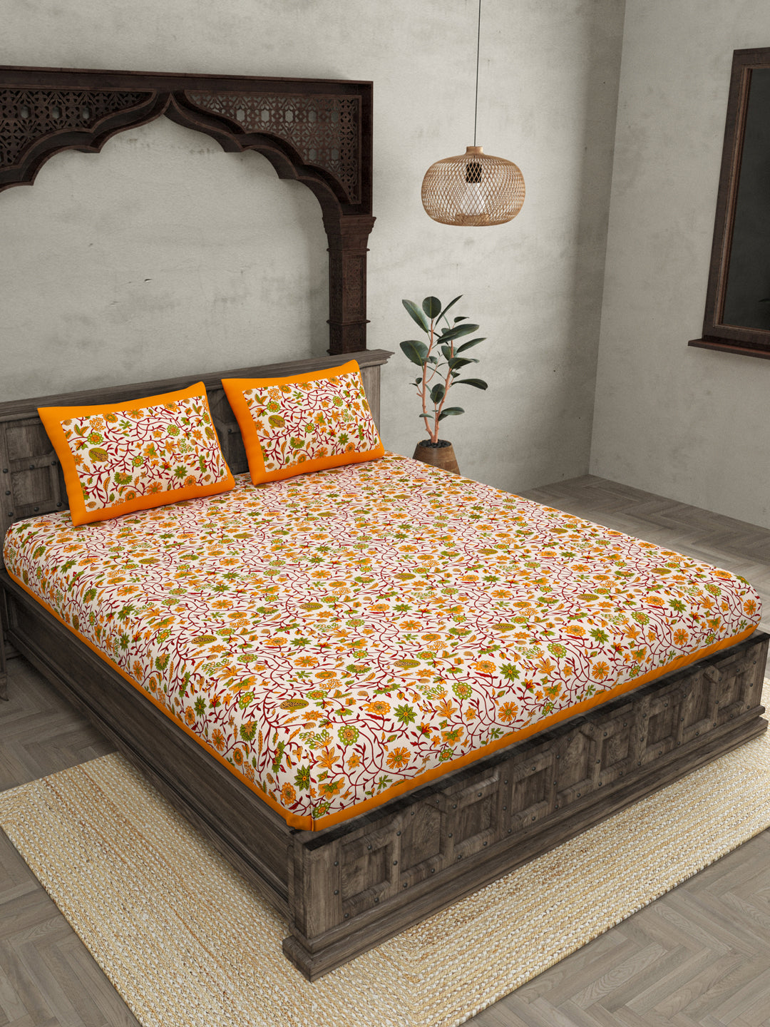 Double Bedsheet With Yellow Branch Of Pomegranate With Two Pillow Cover