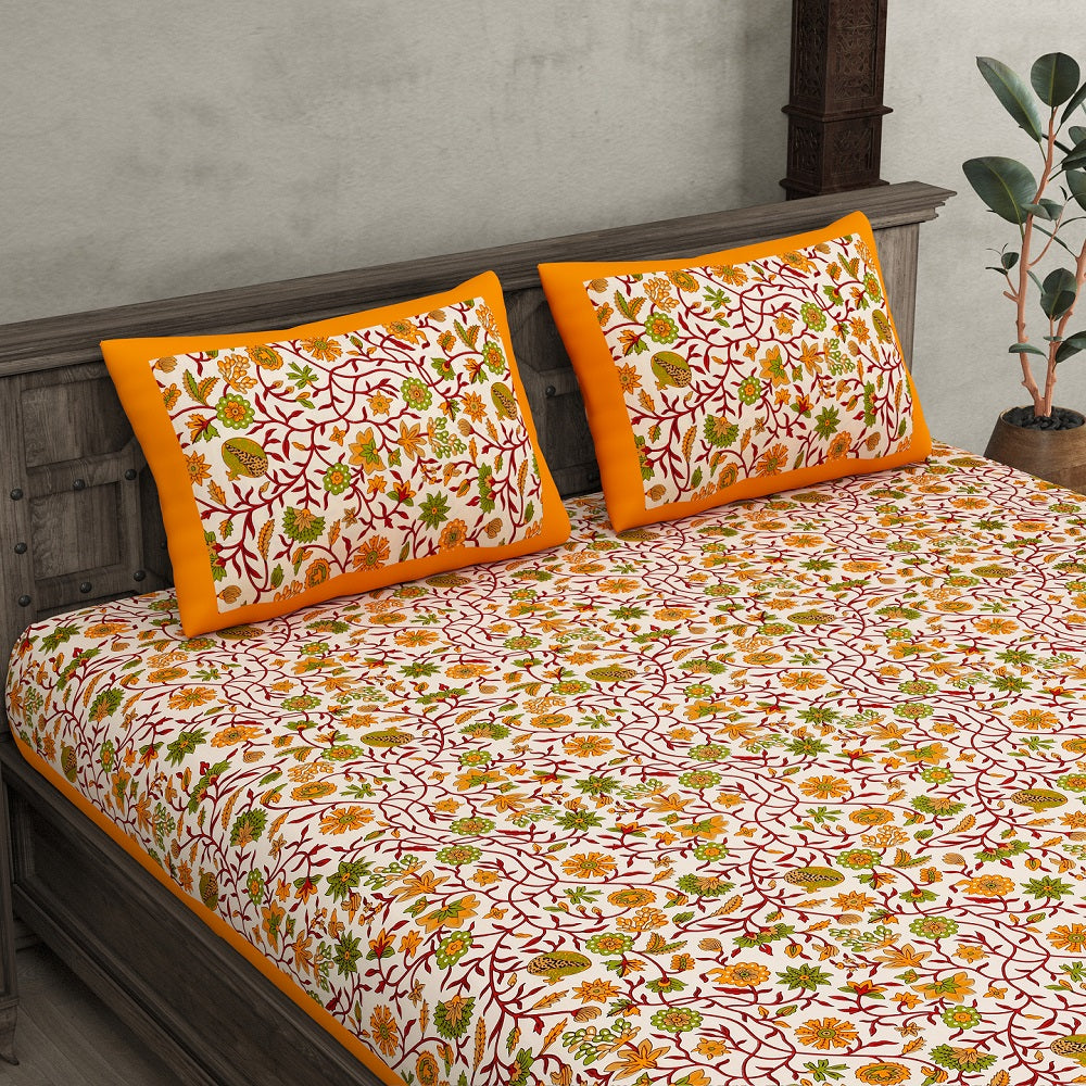 Double Bedsheet With Yellow Branch Of Pomegranate With Two Pillow Cover