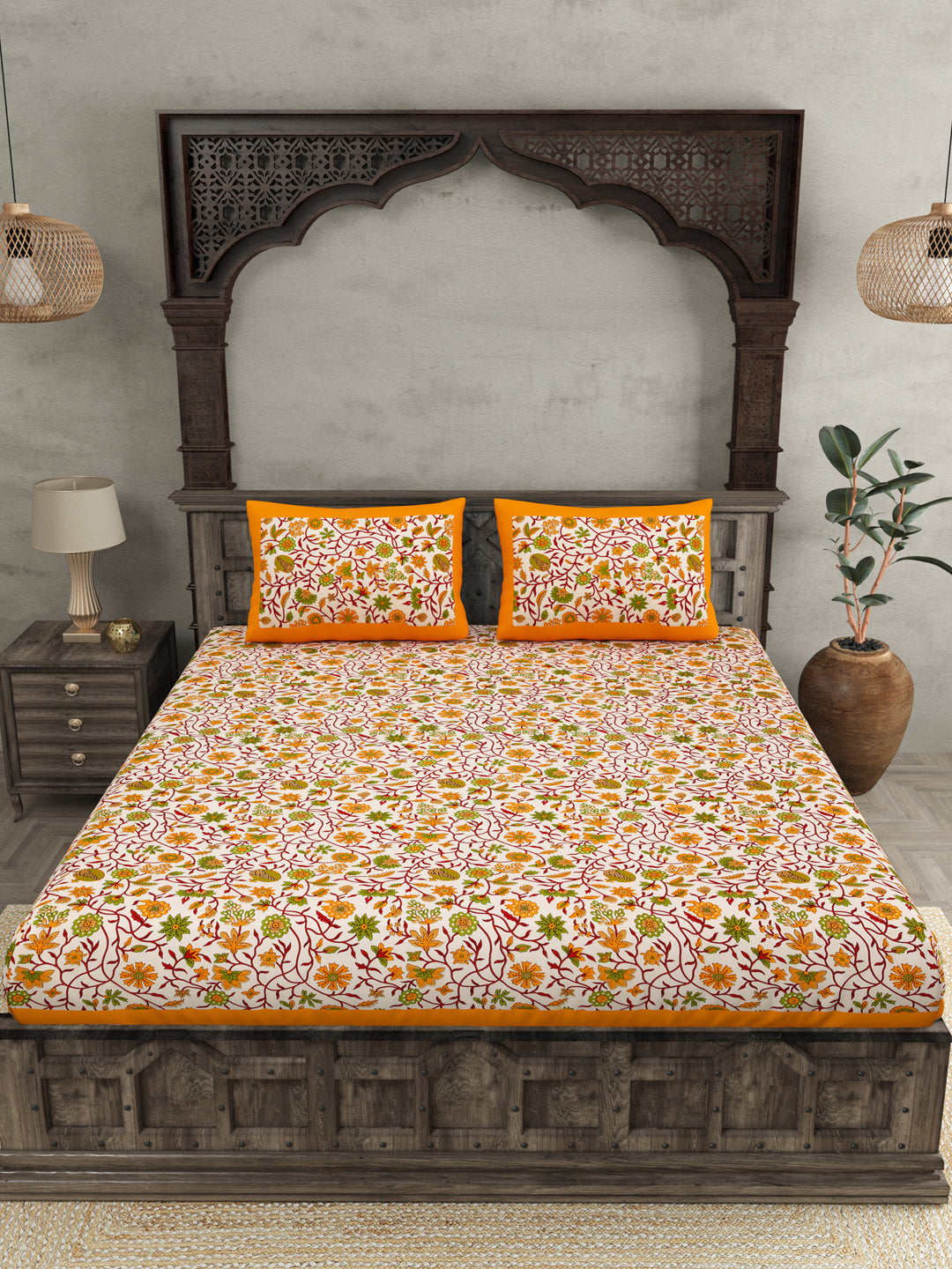 Double Bedsheet With Yellow Branch Of Pomegranate With Two Pillow Cover