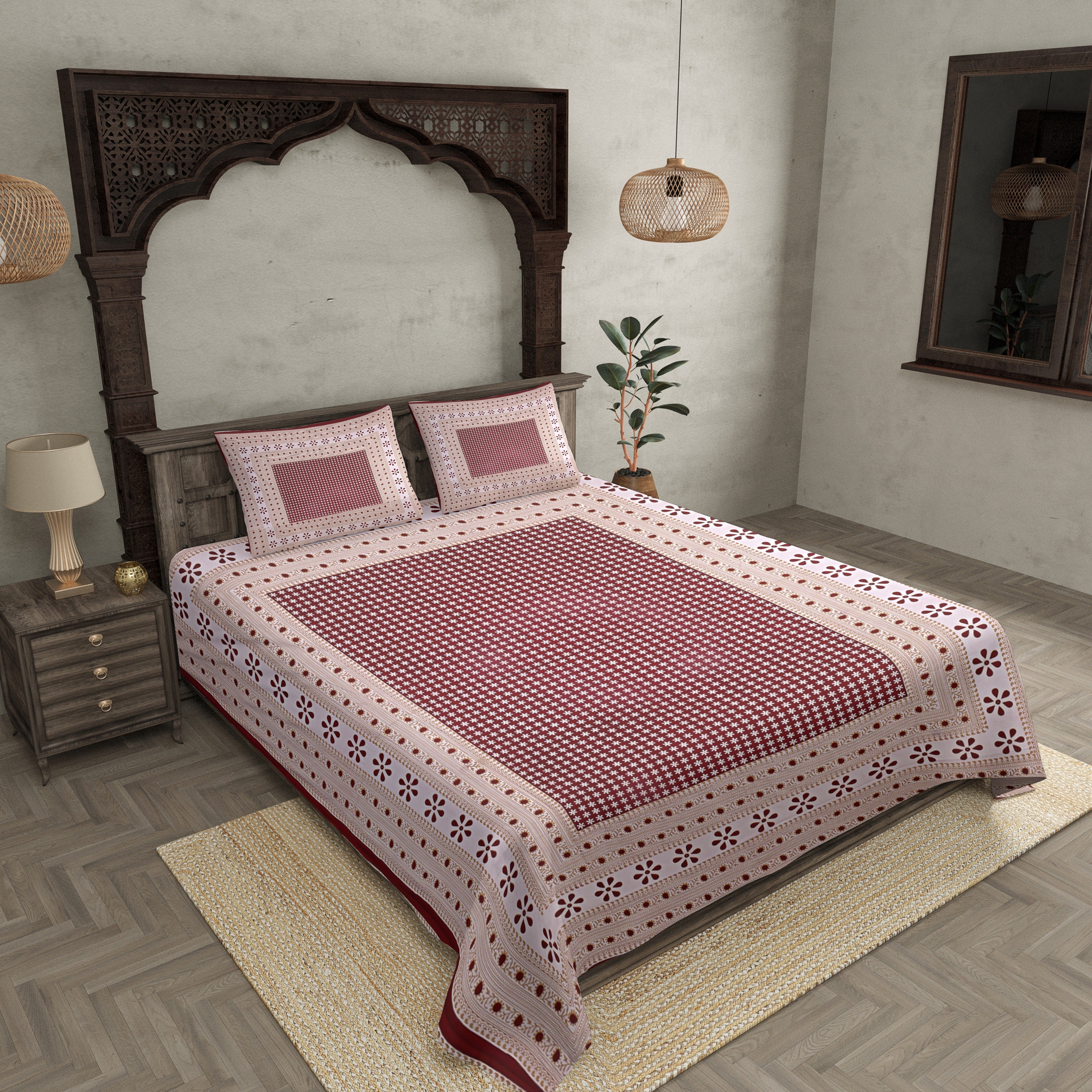 Double Bedsheet Blood Red Color Rangoli Print
