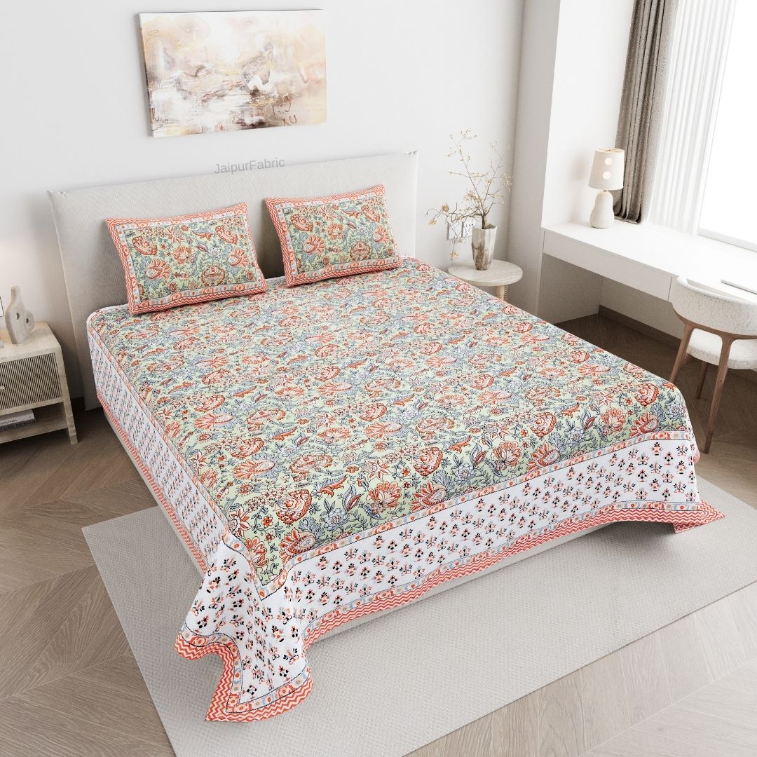 Mughal Garden Floral Mint Green Double Bedsheet Pure Cotton