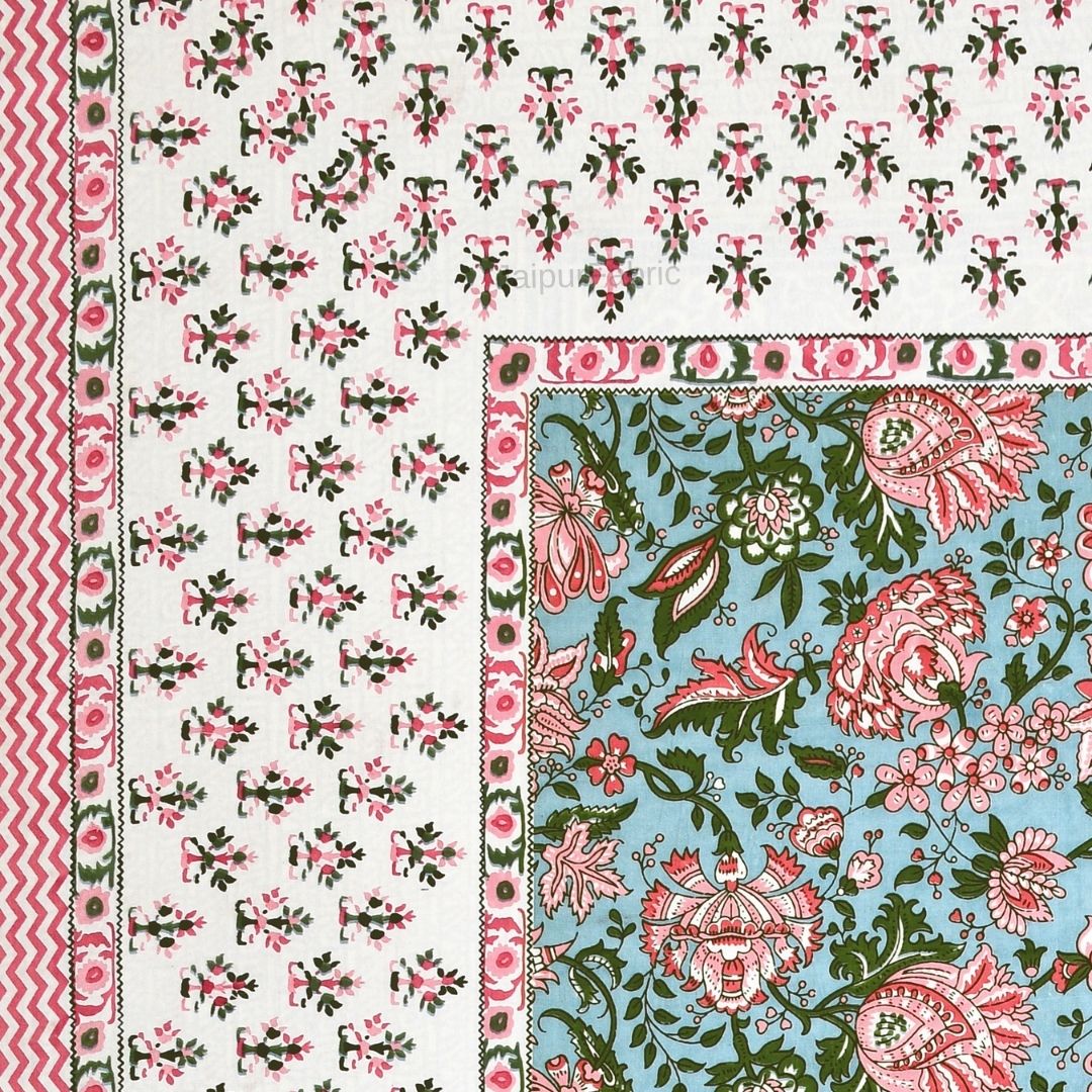 Mughal Garden Floral Sky Blue Double Bedsheet Pure Cotton