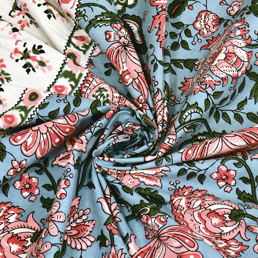 Mughal Garden Floral Sky Blue Double Bedsheet Pure Cotton