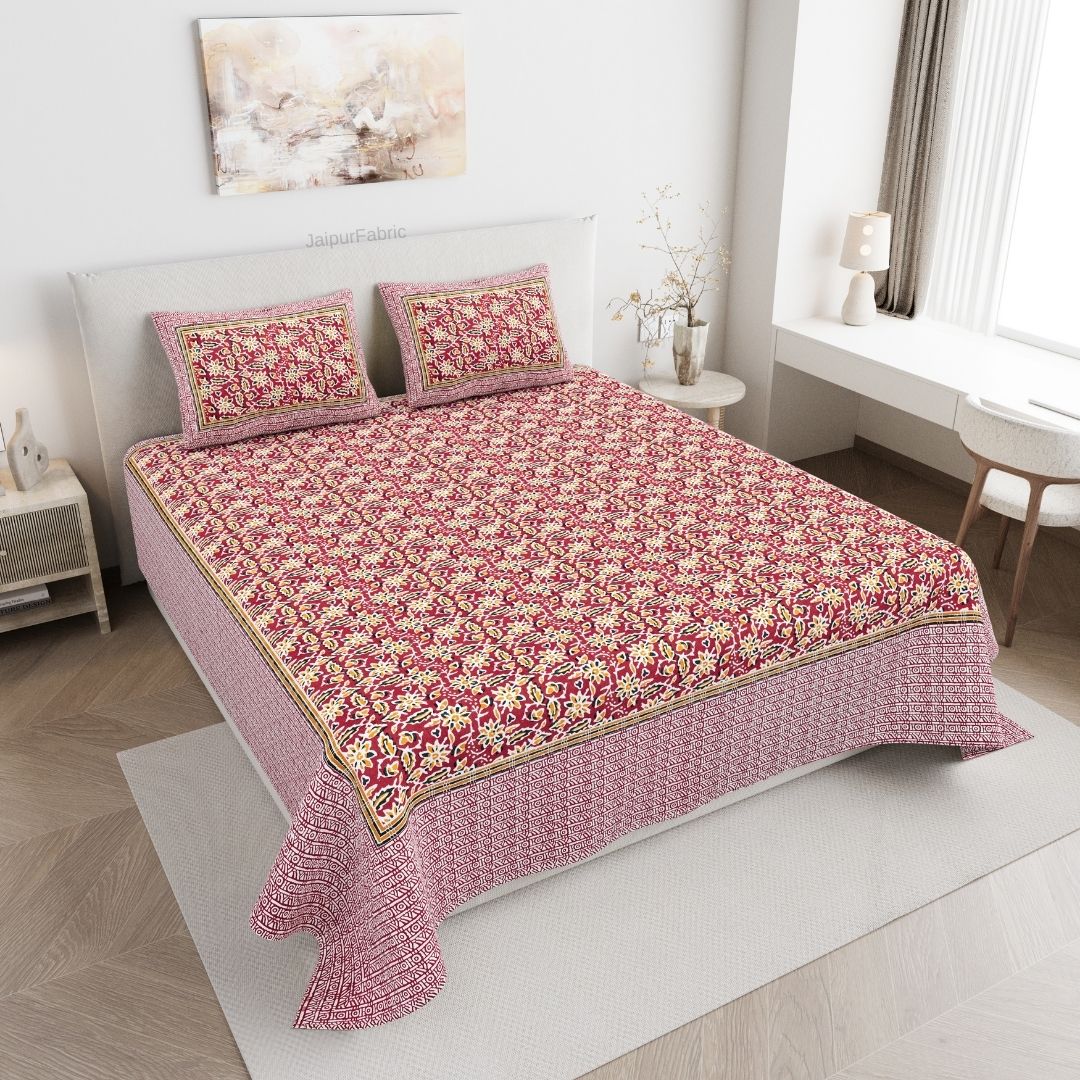 Classic Buta Print Crimson Red Double Bedsheet Pure Cotton