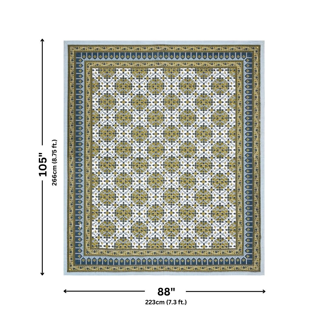 Majestic Jaipuri Mandala Mustard Olive Double Bedsheet Pure Cotton