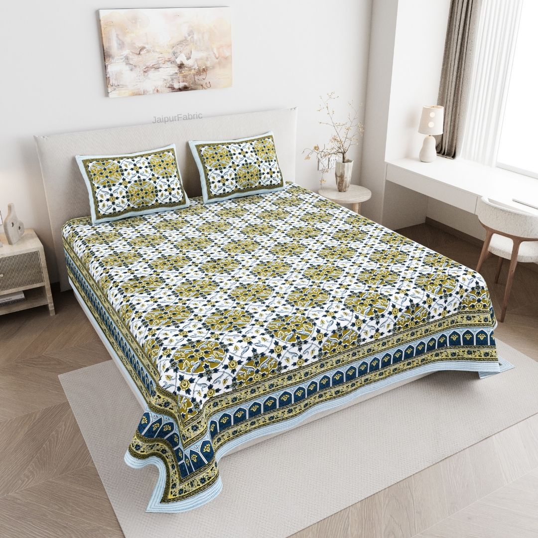 Majestic Jaipuri Mandala Mustard Olive Double Bedsheet Pure Cotton