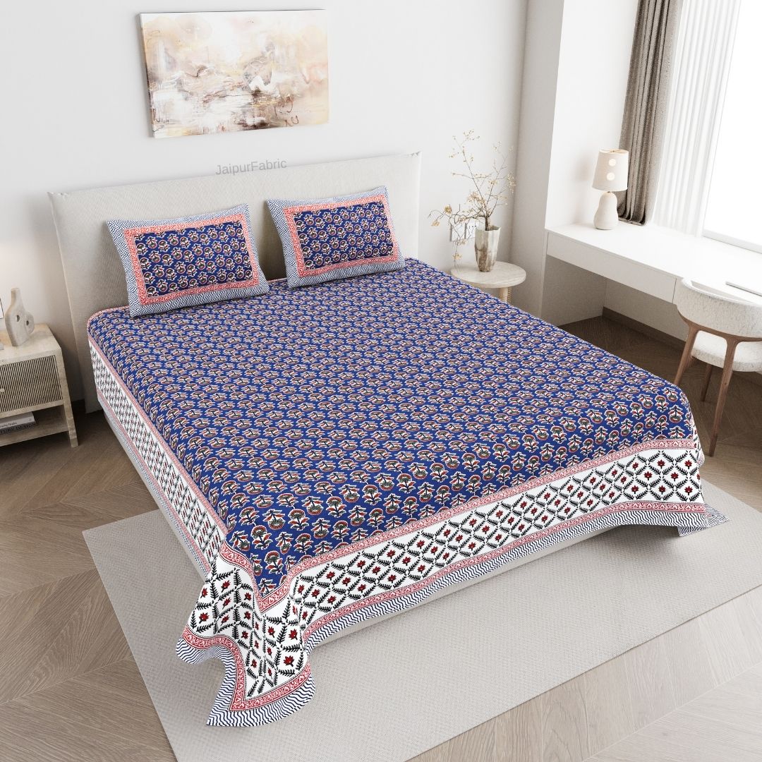 Classic Sanganeri Buti Royal Blue Double Bedsheet Pure Cotton