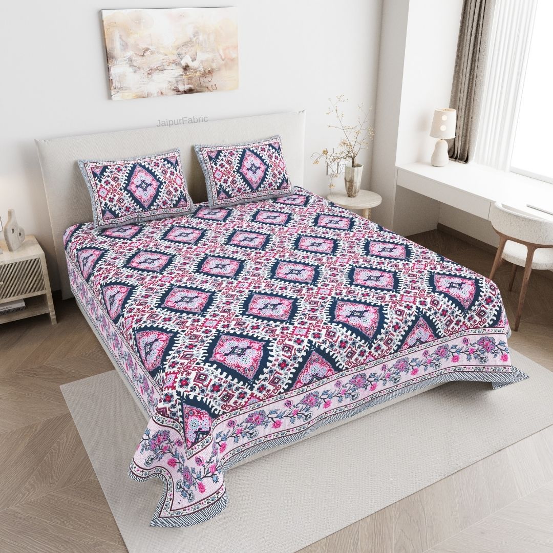 Geometric Ikat Mosaic Pink Navy Double Bedsheet Pure Cotton