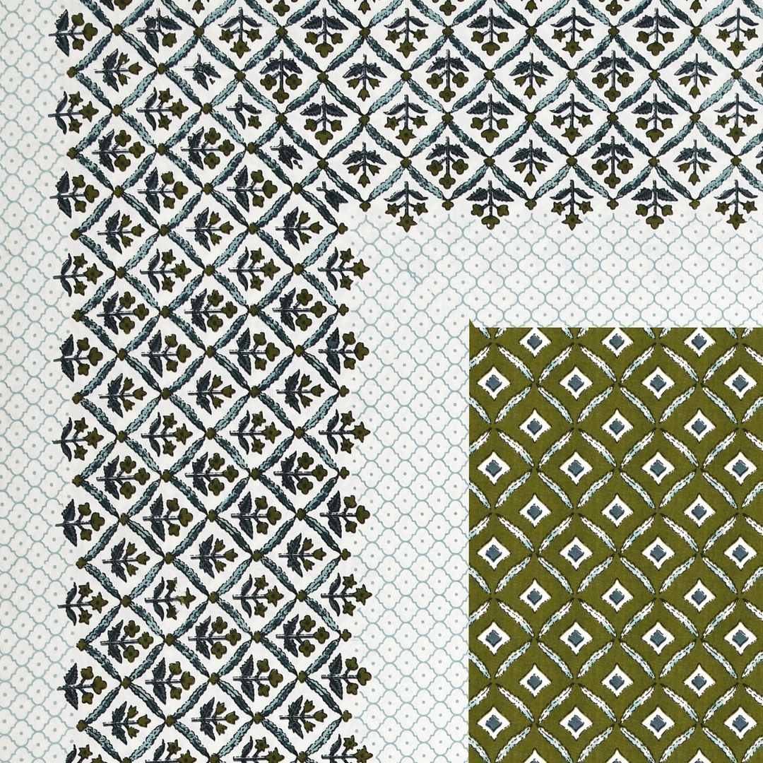 Regal Geometric Border Olive Green Double Bedsheet Pure Cotton
