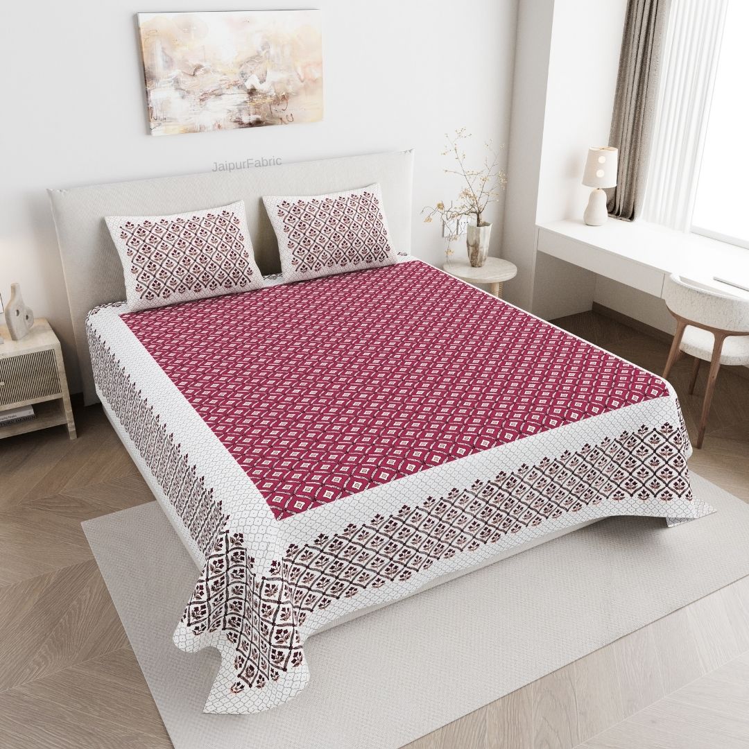 Regal Geometric Border Maroon Red Double Bedsheet Pure Cotton