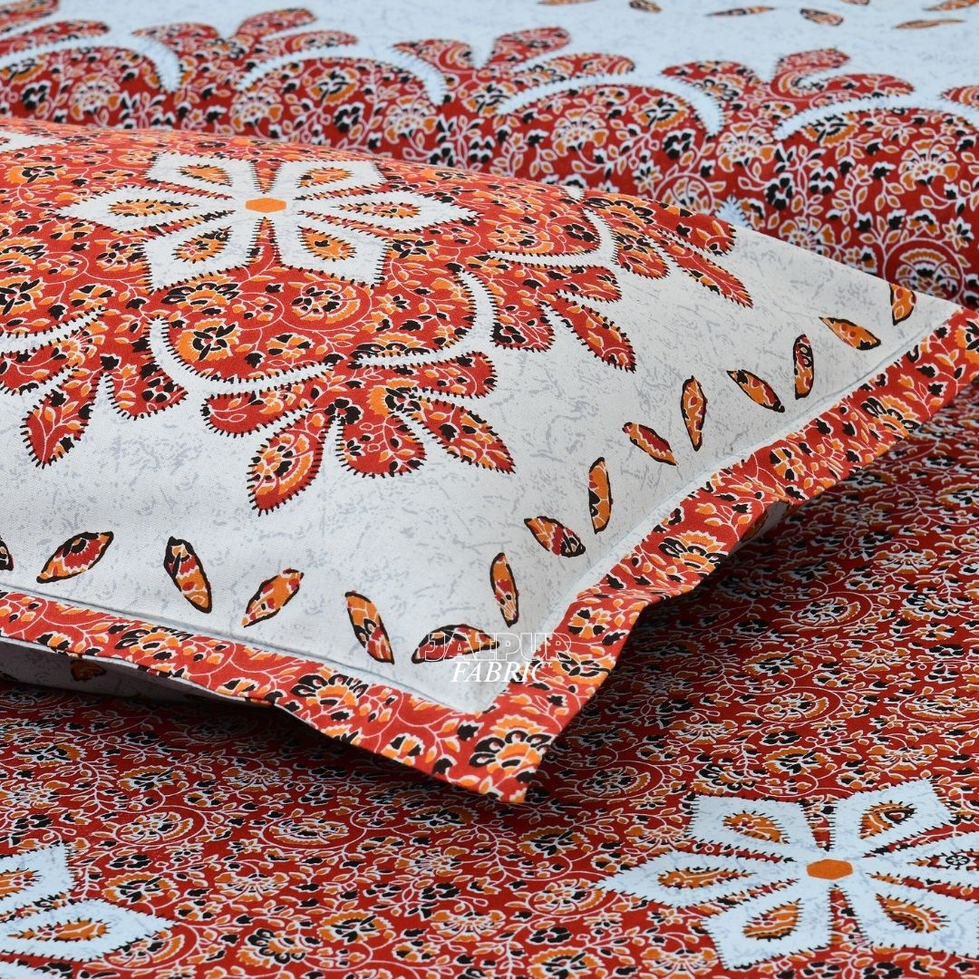 Sky Blue and Rust Royal Jaipuri Floral Medallion Double Bedsheet