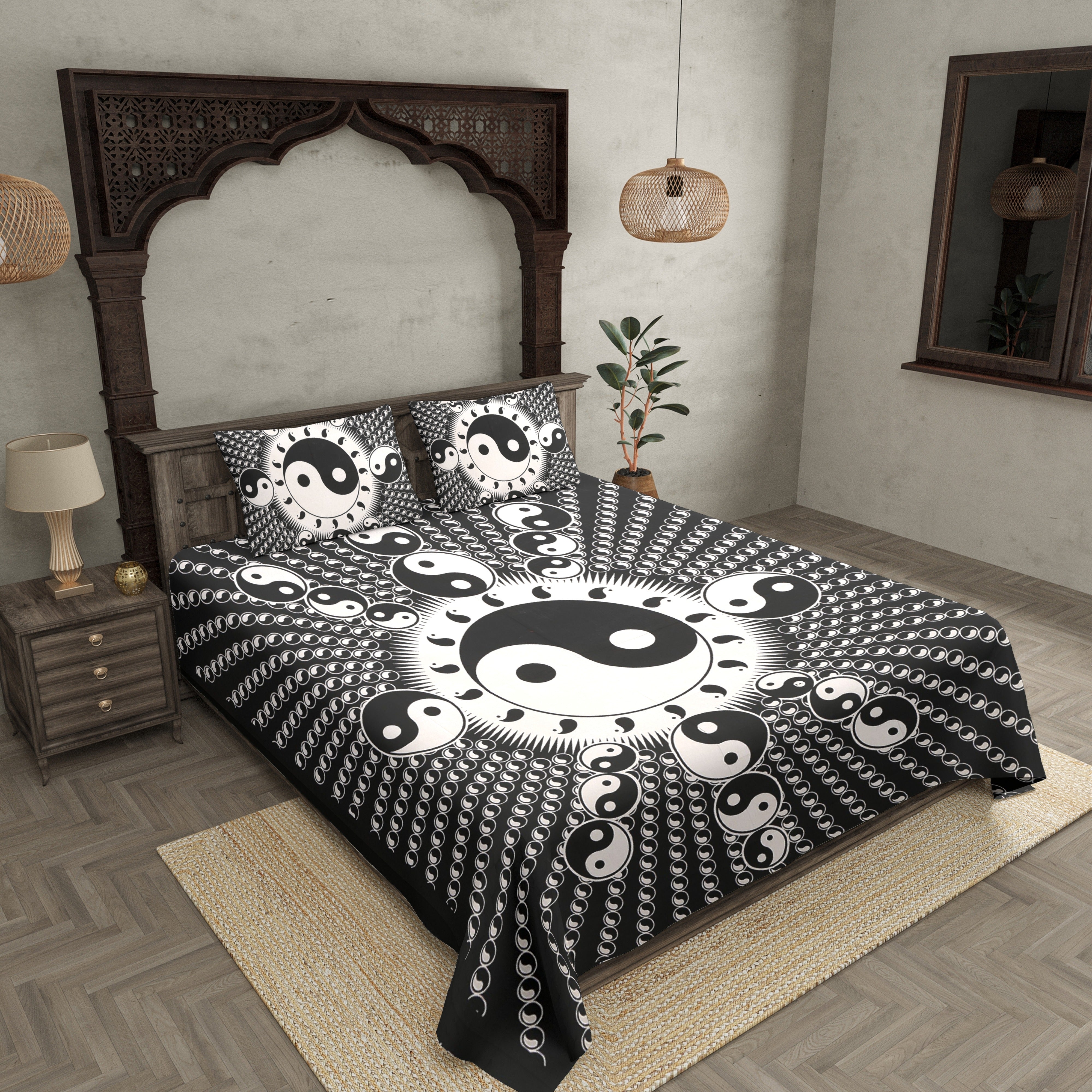 Black Border Black Base Doordarshan Print Fine Cotton Double Bedsheet With Pillow Cover