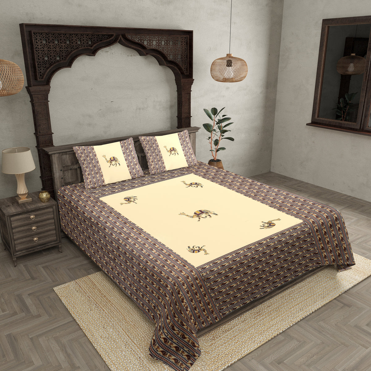 Applique Cream Camel Jaipuri Hand Made Embroidery Patch Work Double Bedsheet
