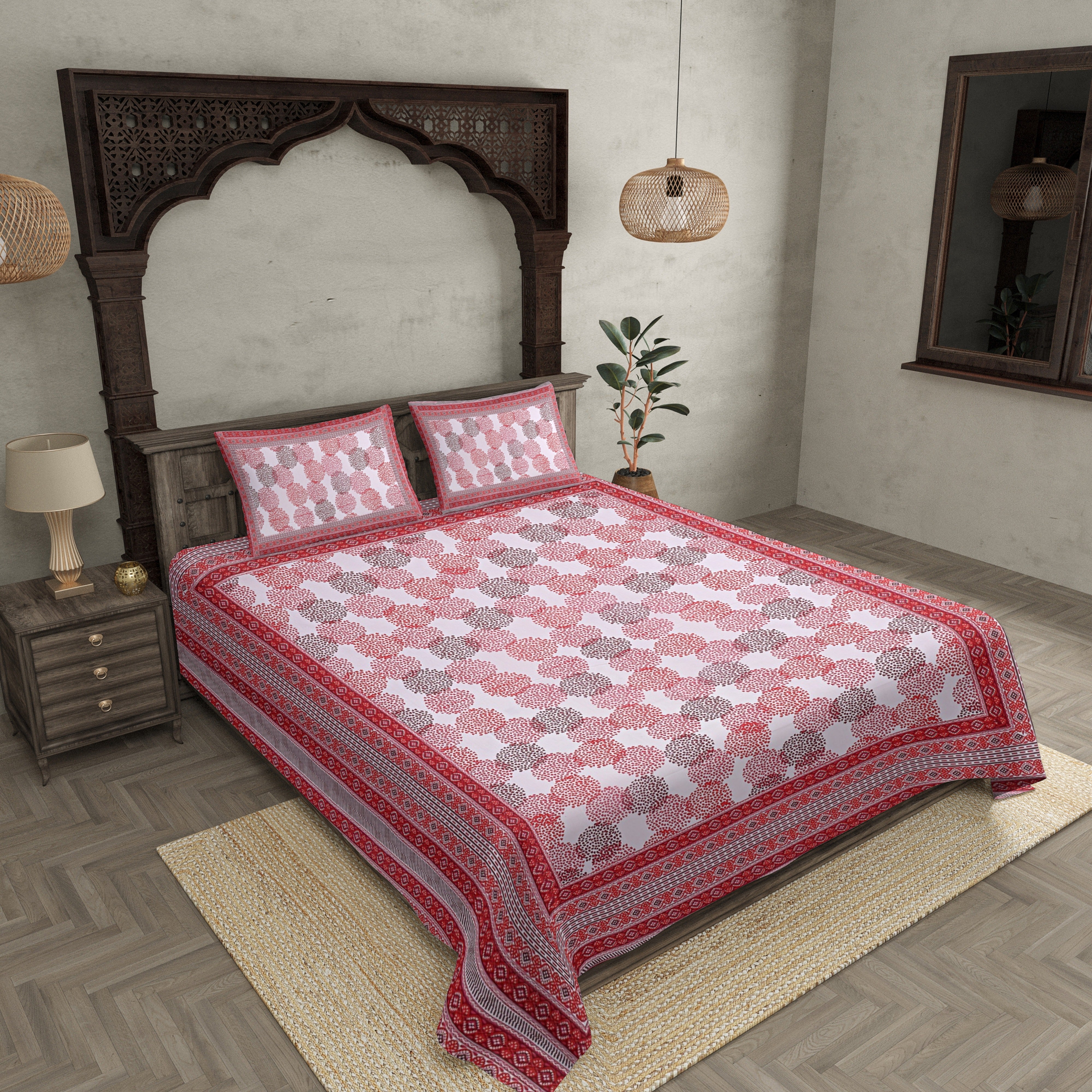 Double Bedsheet Dotted Redish Pink Circle Fine Cotton