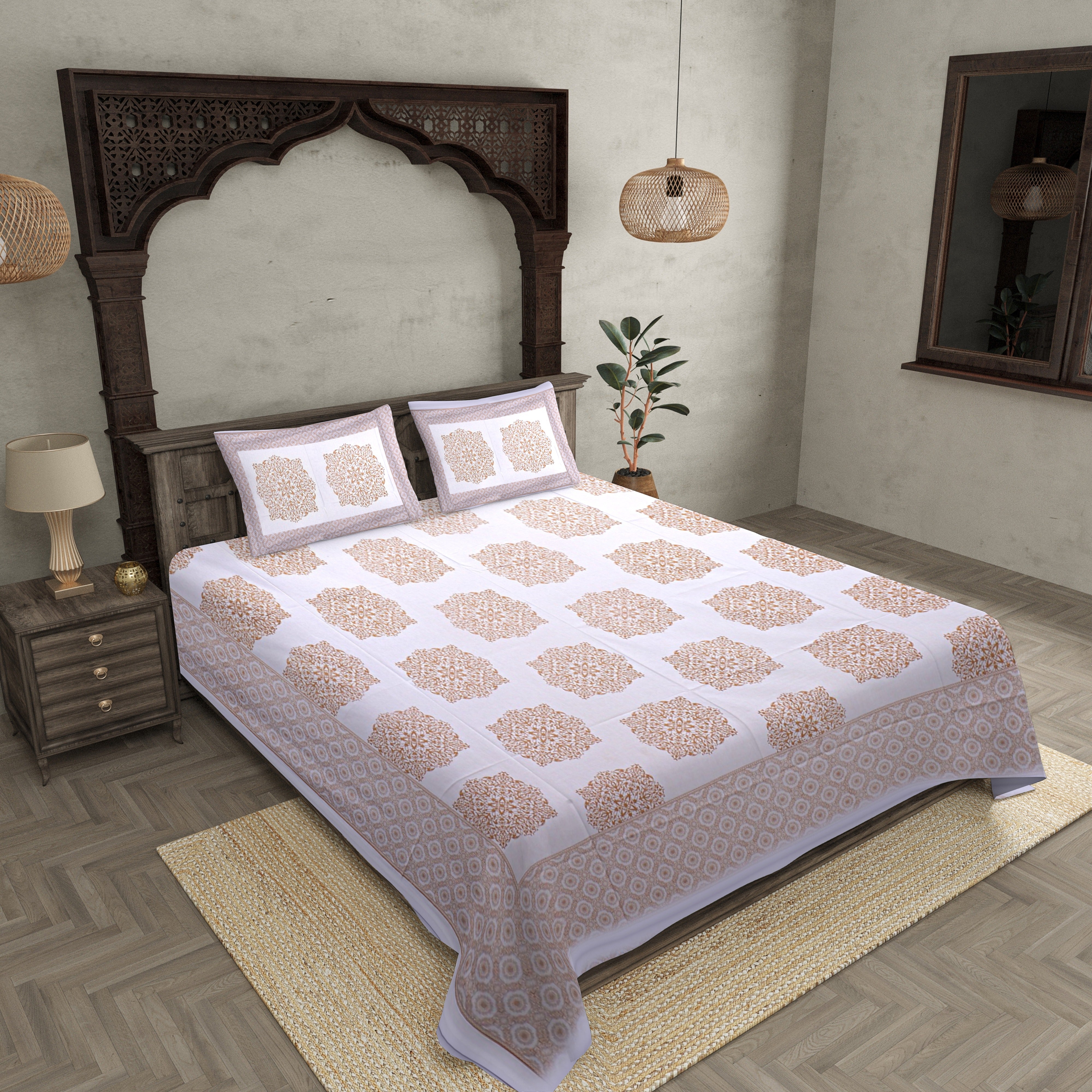 Double Bedsheet Offwhite Base Golden Rangoli Block Print