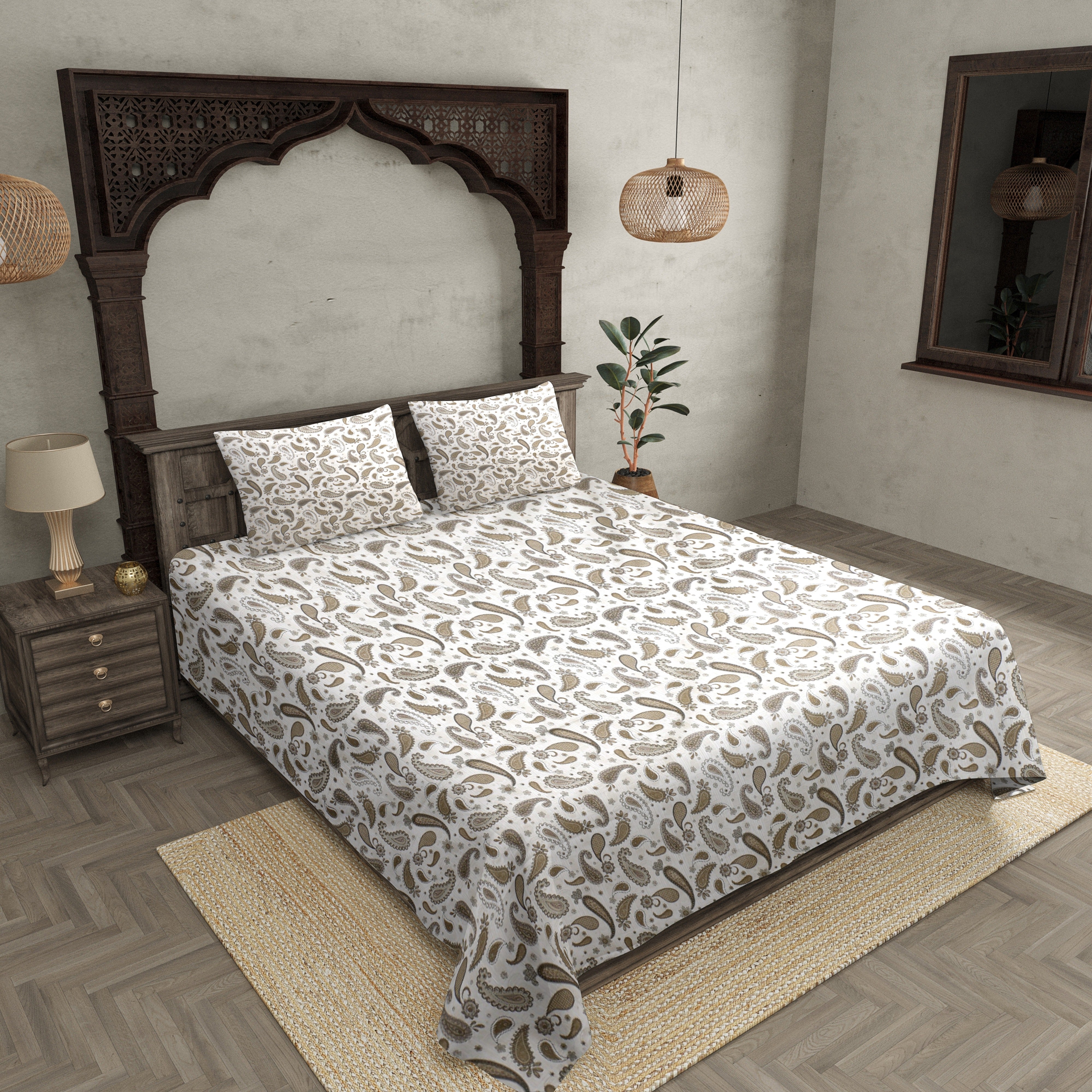 Paisley Creamish Green 240 TC King Size Double Bedsheet