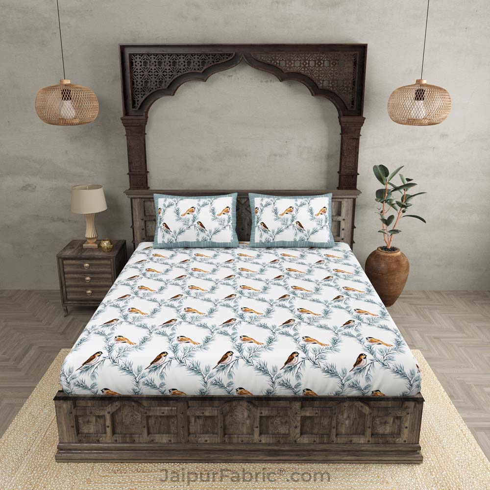 Pure Cotton 240 TC Double bedsheet indian bird print blue