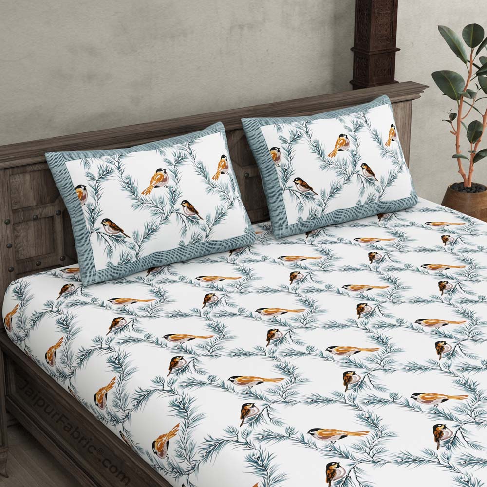 Pure Cotton 240 TC Double bedsheet indian bird print blue