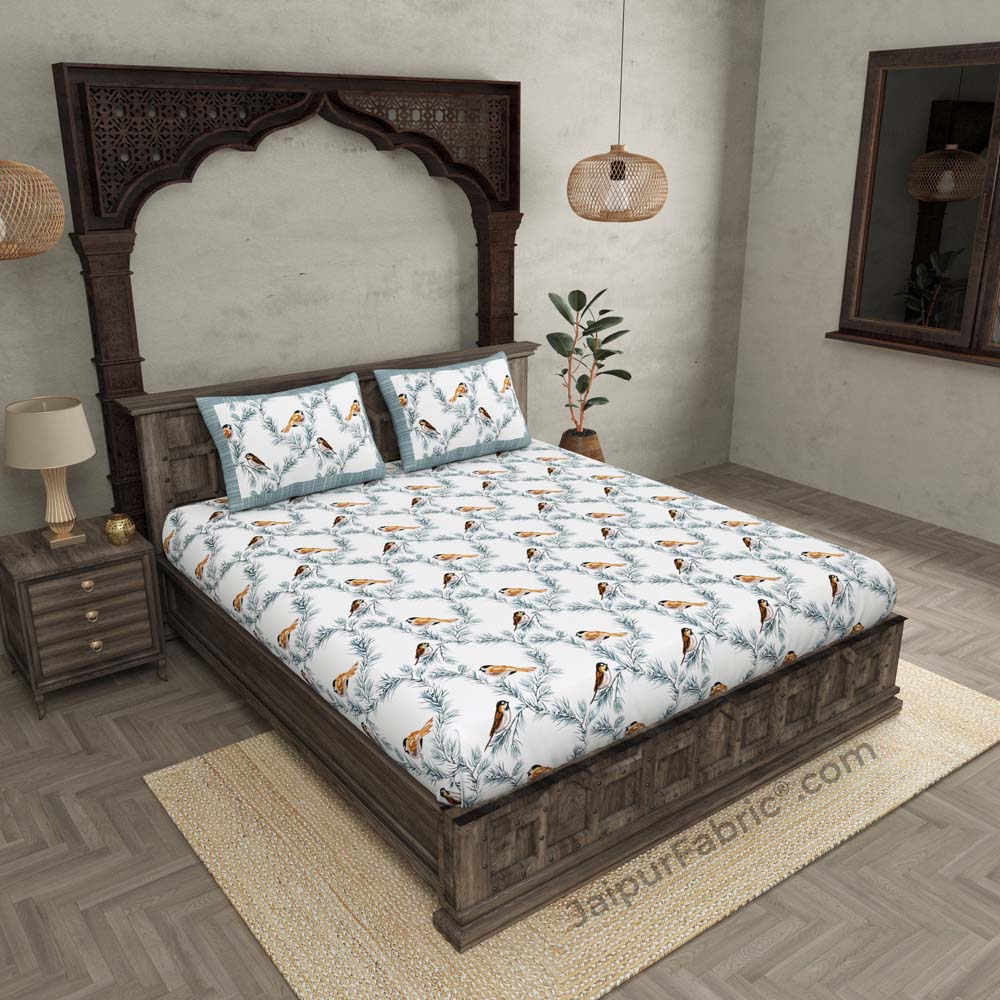 Pure Cotton 240 TC Double bedsheet indian bird print blue