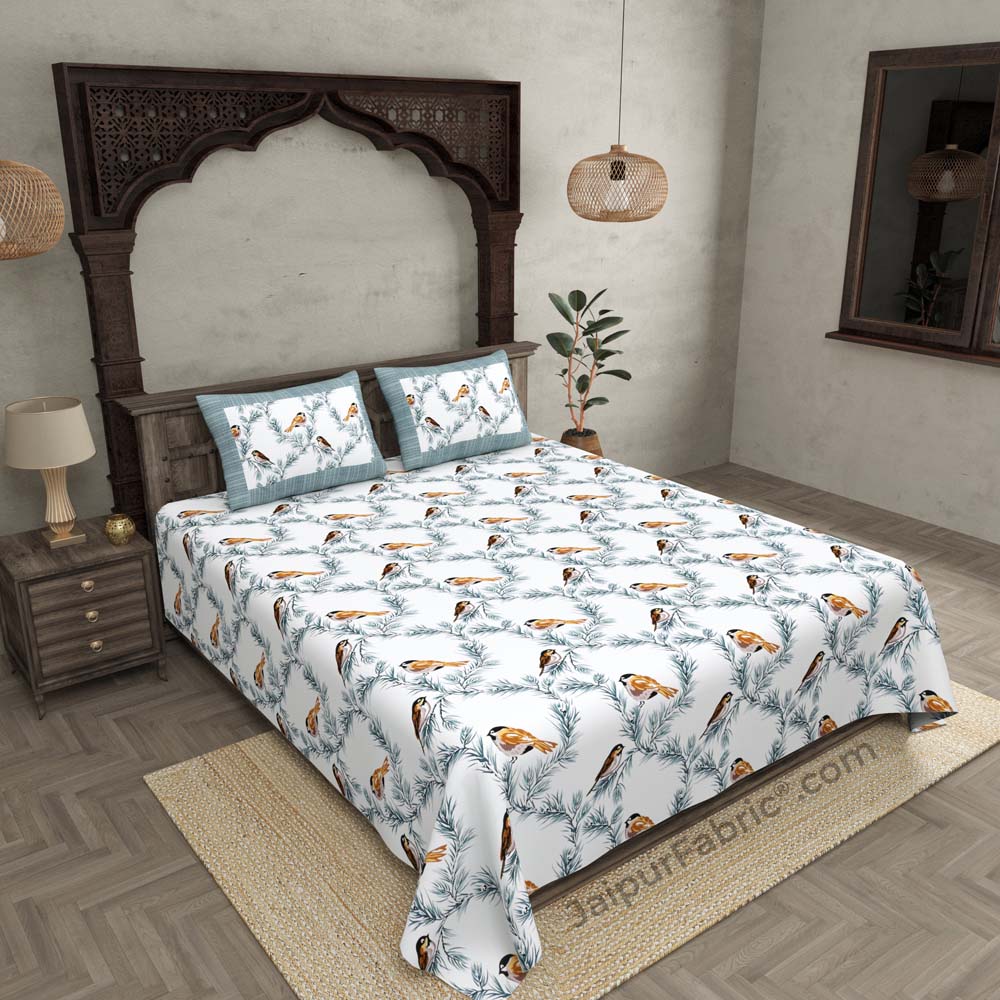 Pure Cotton 240 TC Double bedsheet indian bird print blue