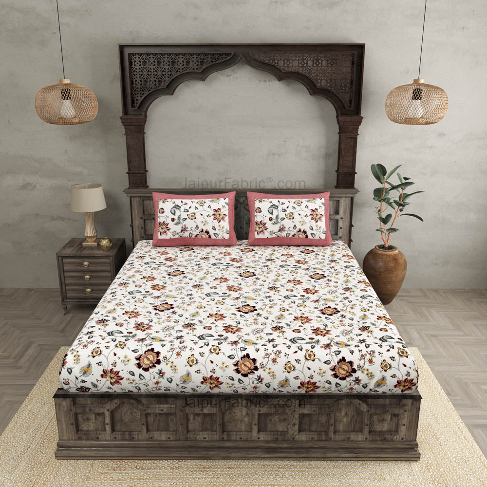 Pure Cotton 240 TC Double bedsheet in reddish floral pattern
