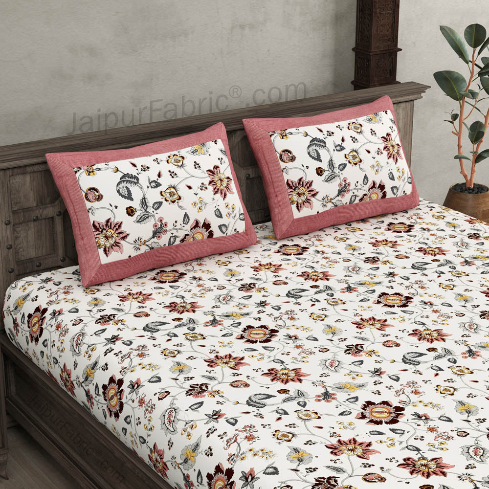 Pure Cotton 240 TC Double bedsheet in reddish floral pattern