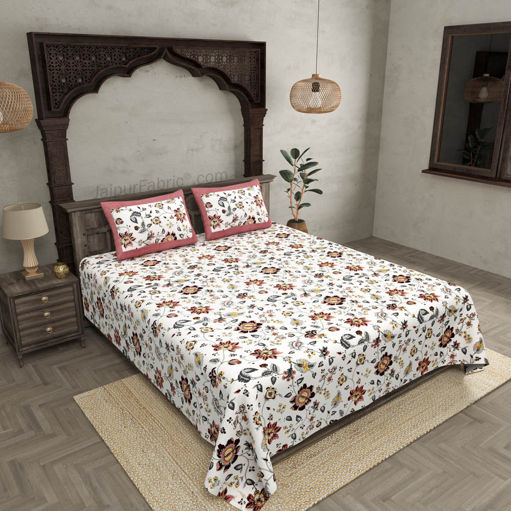 Pure Cotton 240 TC Double bedsheet in reddish floral pattern