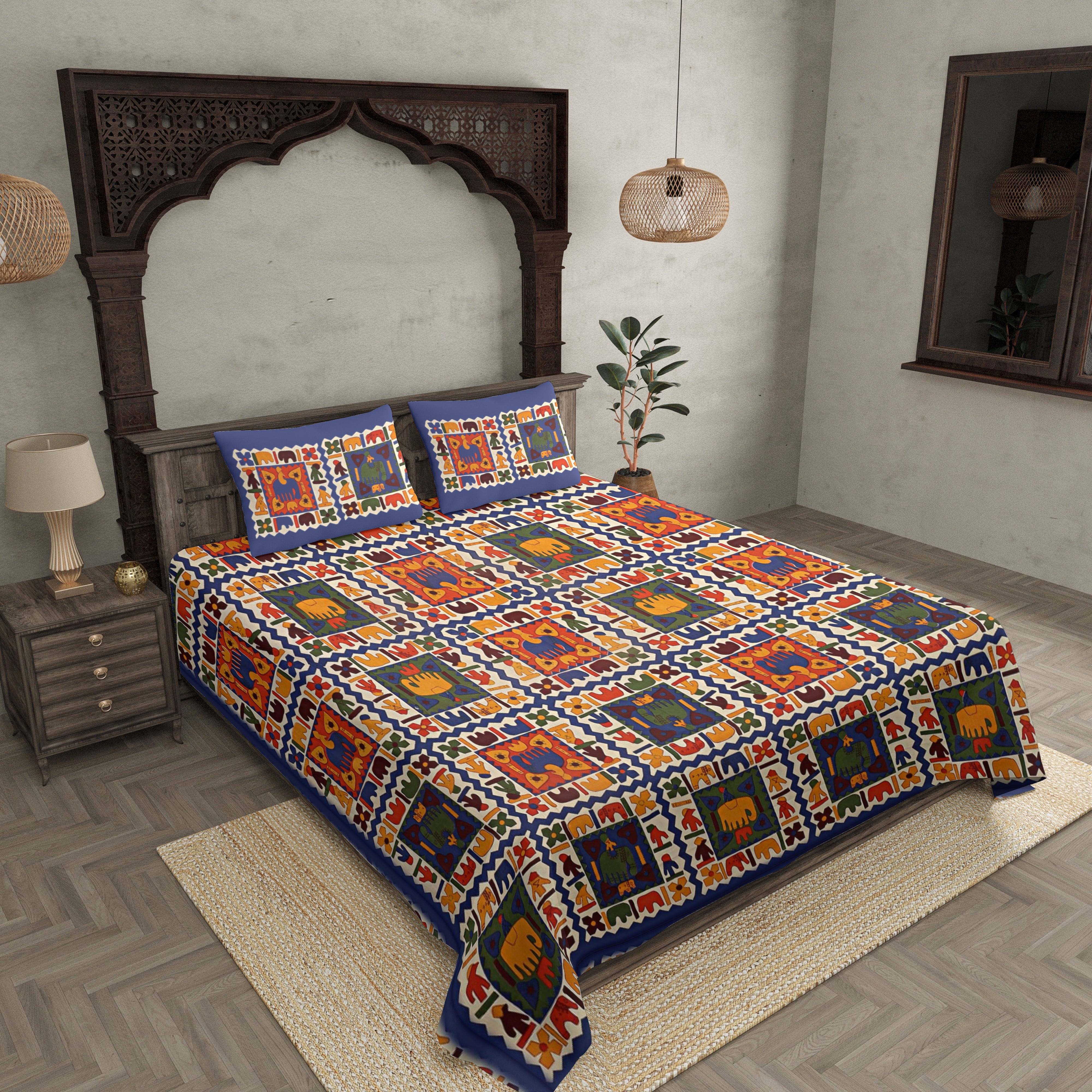 Blue Border Elephant Pattern Screen Print Double Bed Sheet