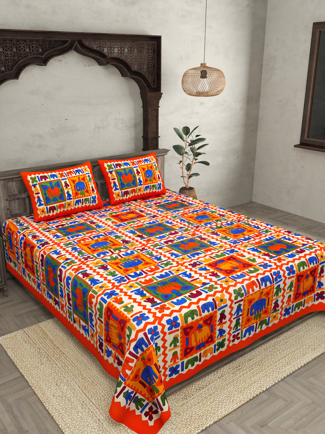 Orange Border Elephant Pattern Screen Print Double Bed Sheet