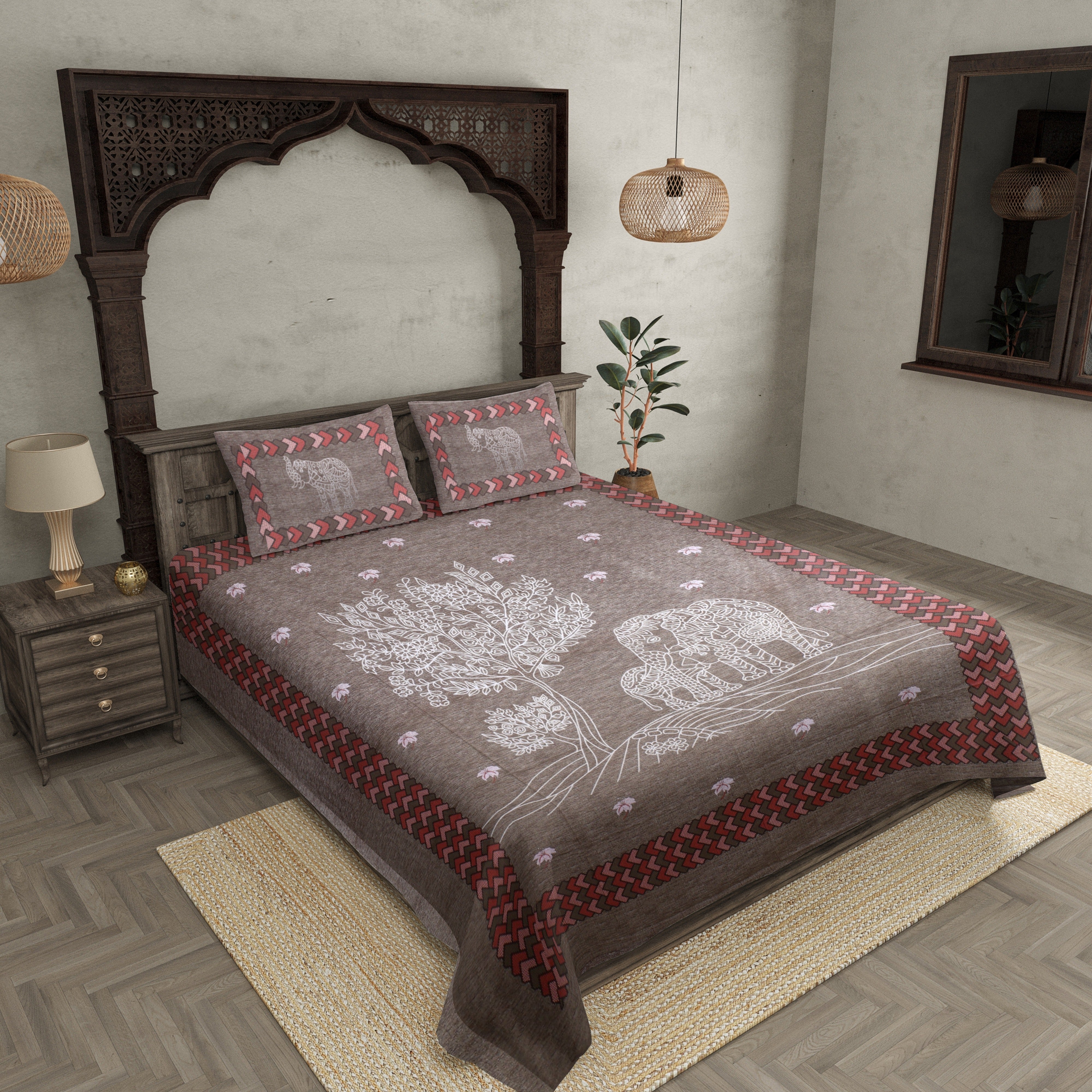 Elephant Love Brown Giza Cotton Double BedSheet