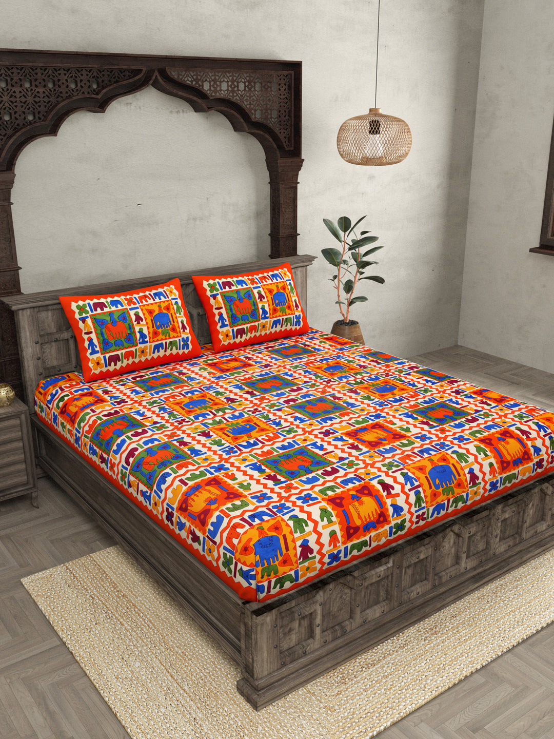 Orange Border Elephant Pattern Screen Print Double Bed Sheet