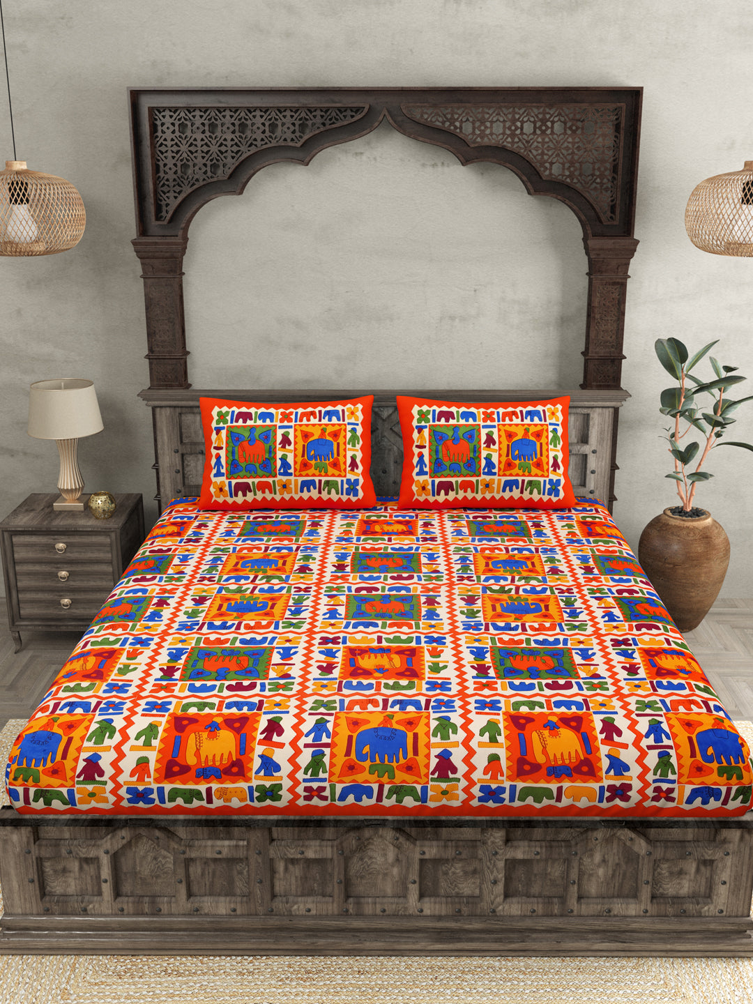 Orange Border Elephant Pattern Screen Print Double Bed Sheet