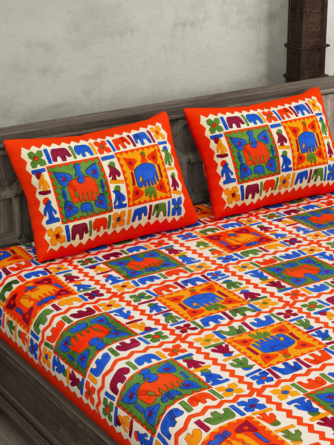 Orange Border Elephant Pattern Screen Print Double Bed Sheet
