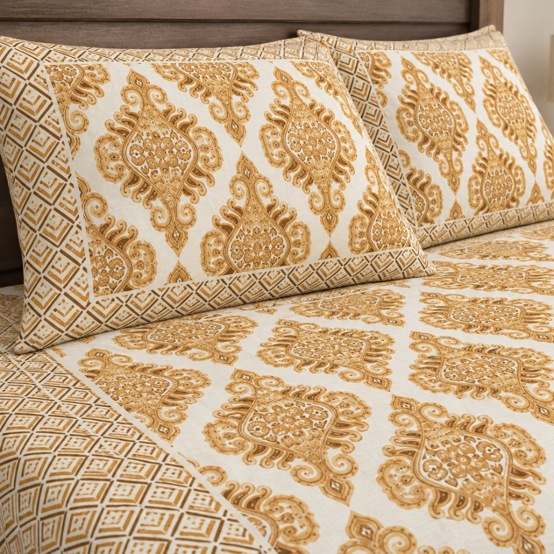 Pure Cotton Golden Color Zigzag Border Jaipuri Double Bedsheet
