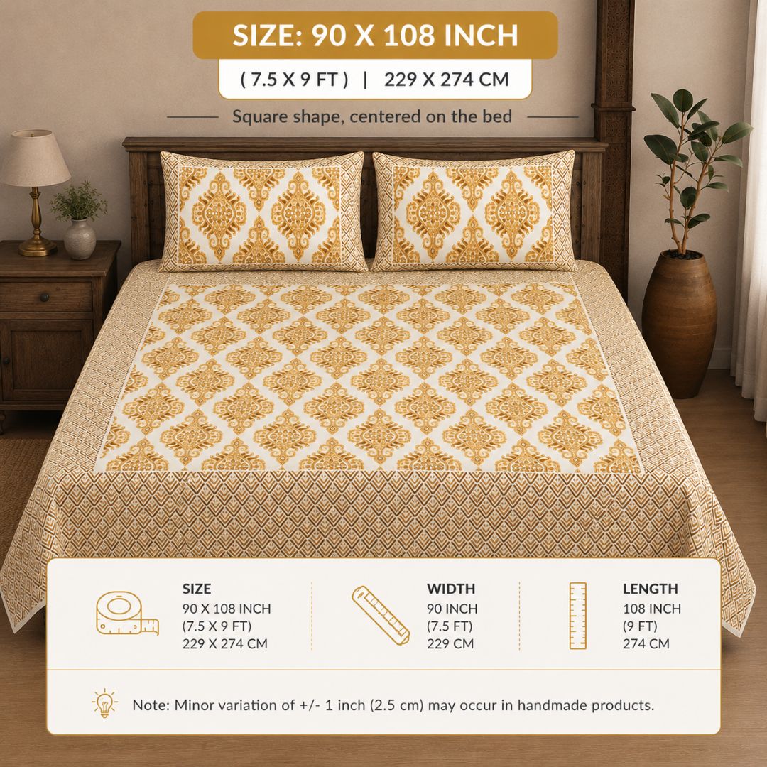 Pure Cotton Golden Color Zigzag Border Jaipuri Double Bedsheet