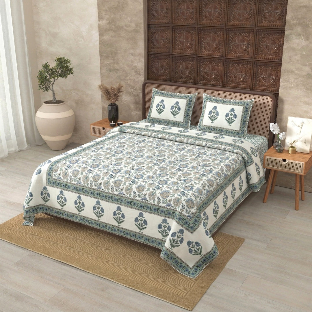 Pure Cotton Green Color Floral Ethnic Jaipuri Double Bedsheet