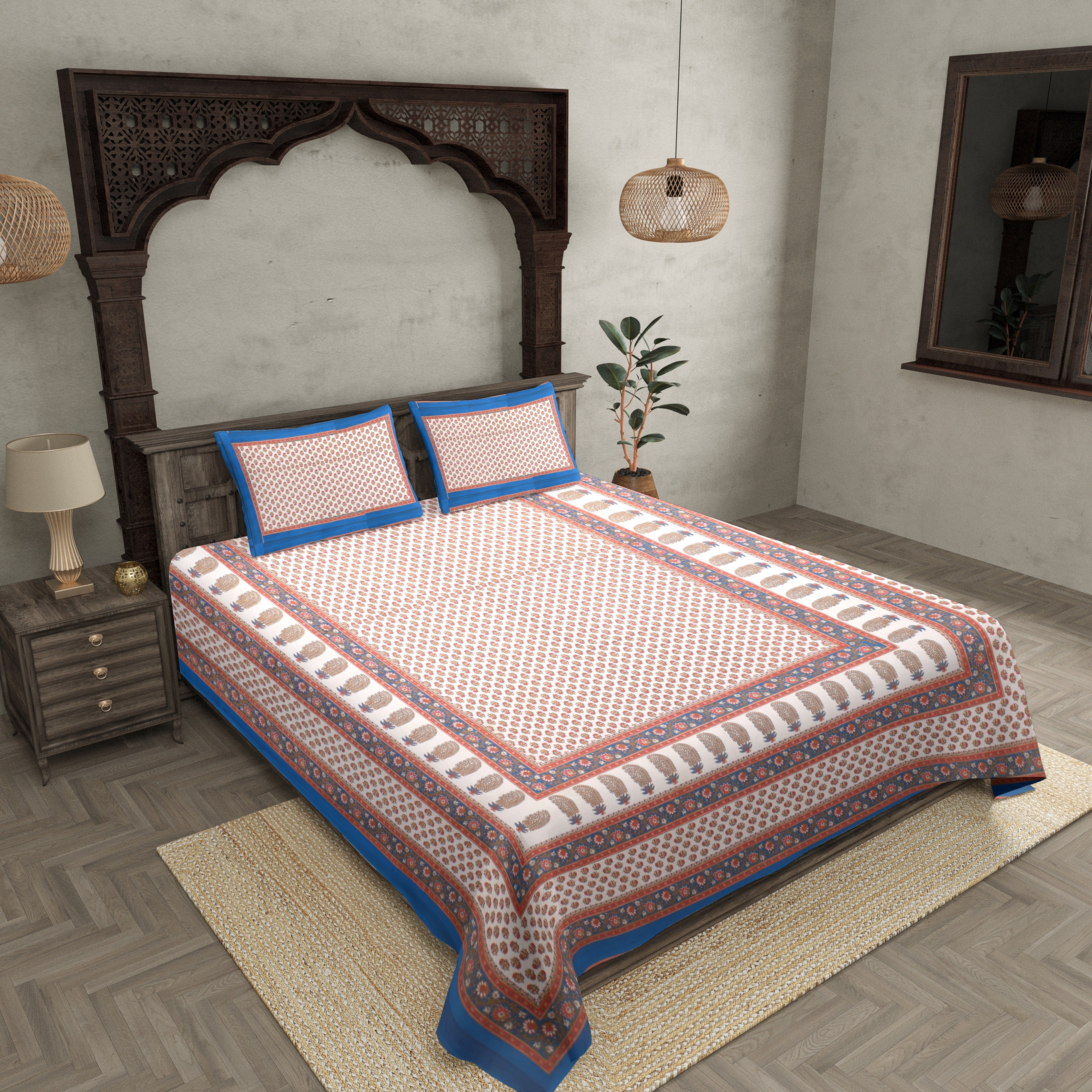 Blue Boota Gold Work Double Bedsheet