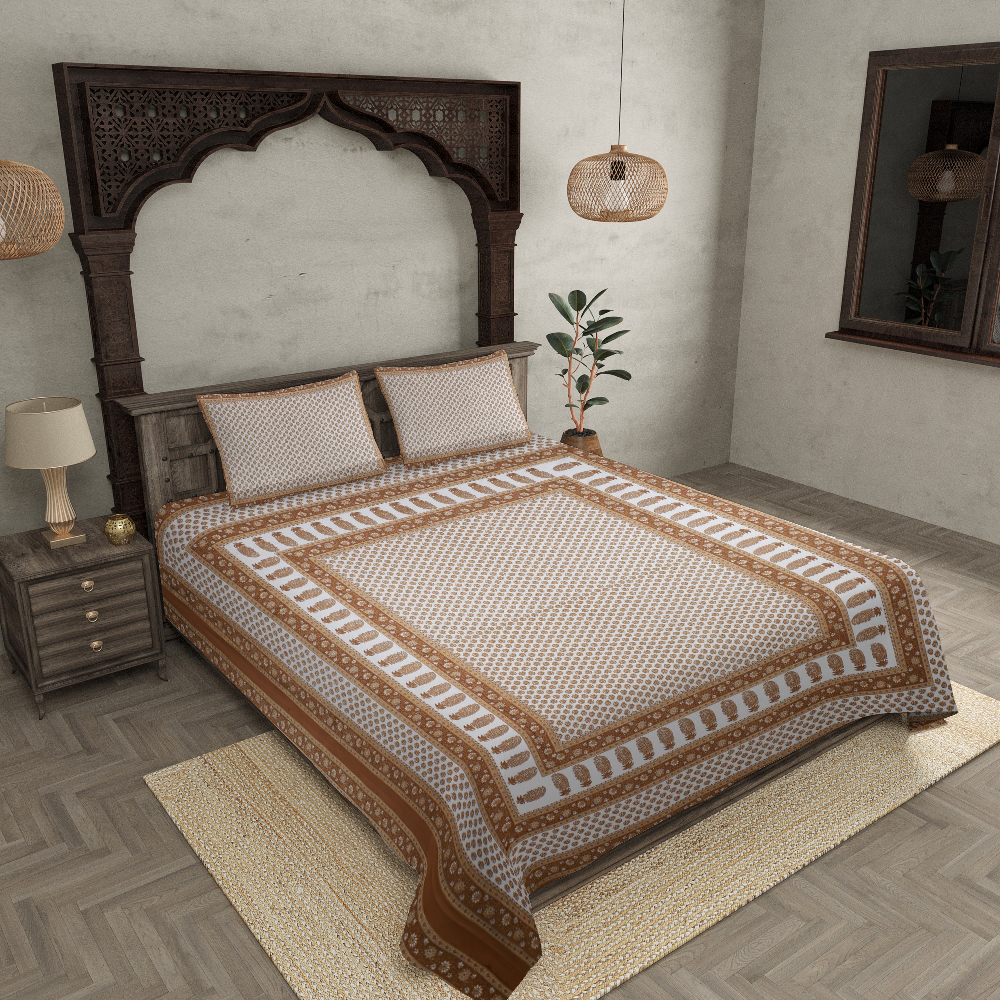 Brown Boota Gold Work Double Bedsheet
