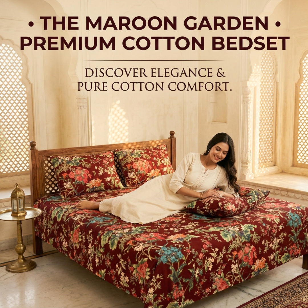 Deep Wine Enchanted Forest Floral Pure Cotton King Size Bedsheet