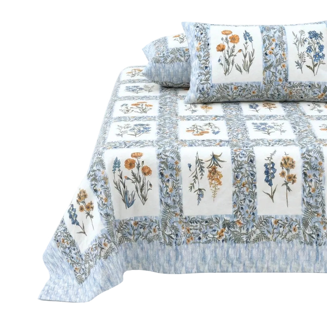 Floral Frame Grey Cotton Double Bedsheet
