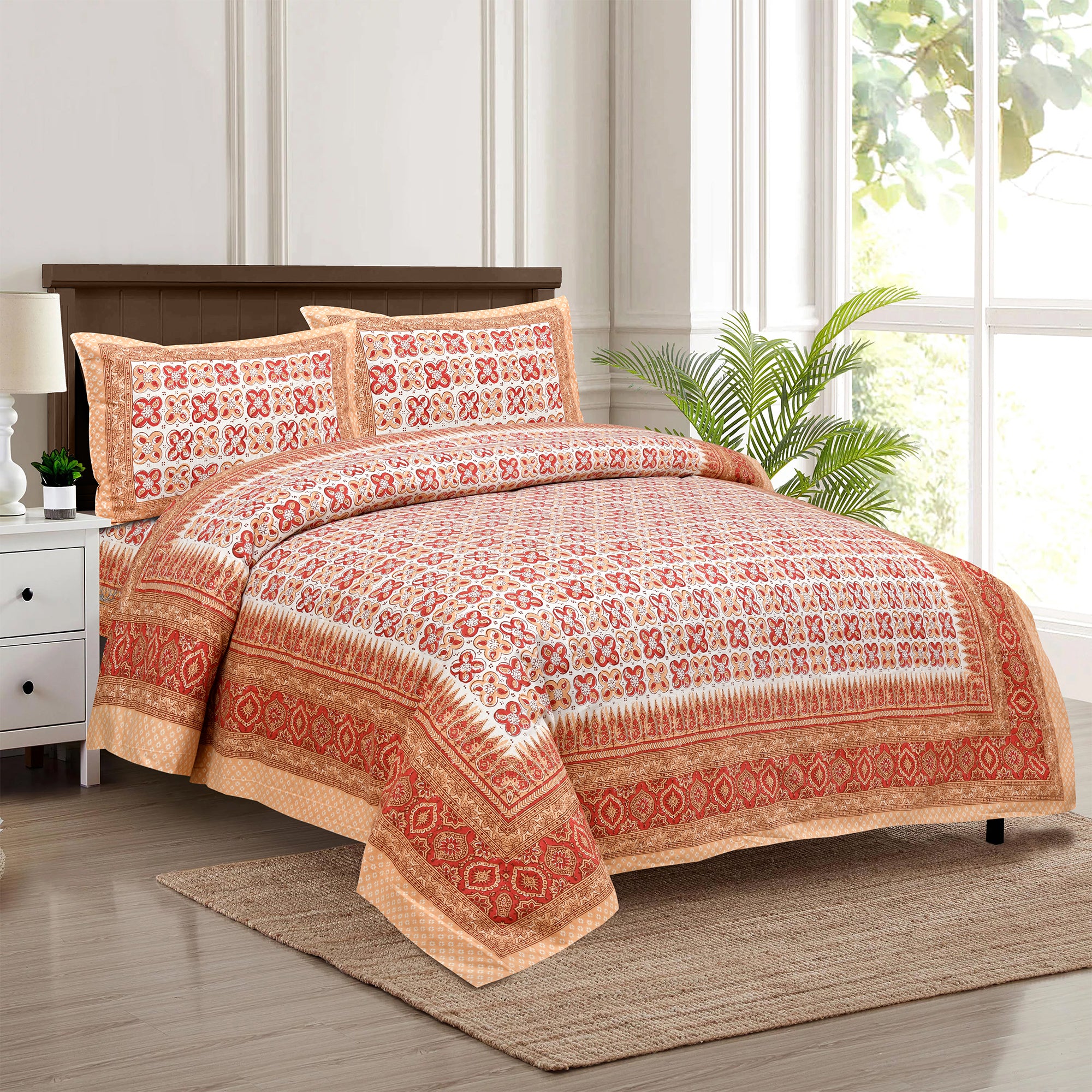 Mini Blocks Peach Jaipur Fabric Double Bed Sheet