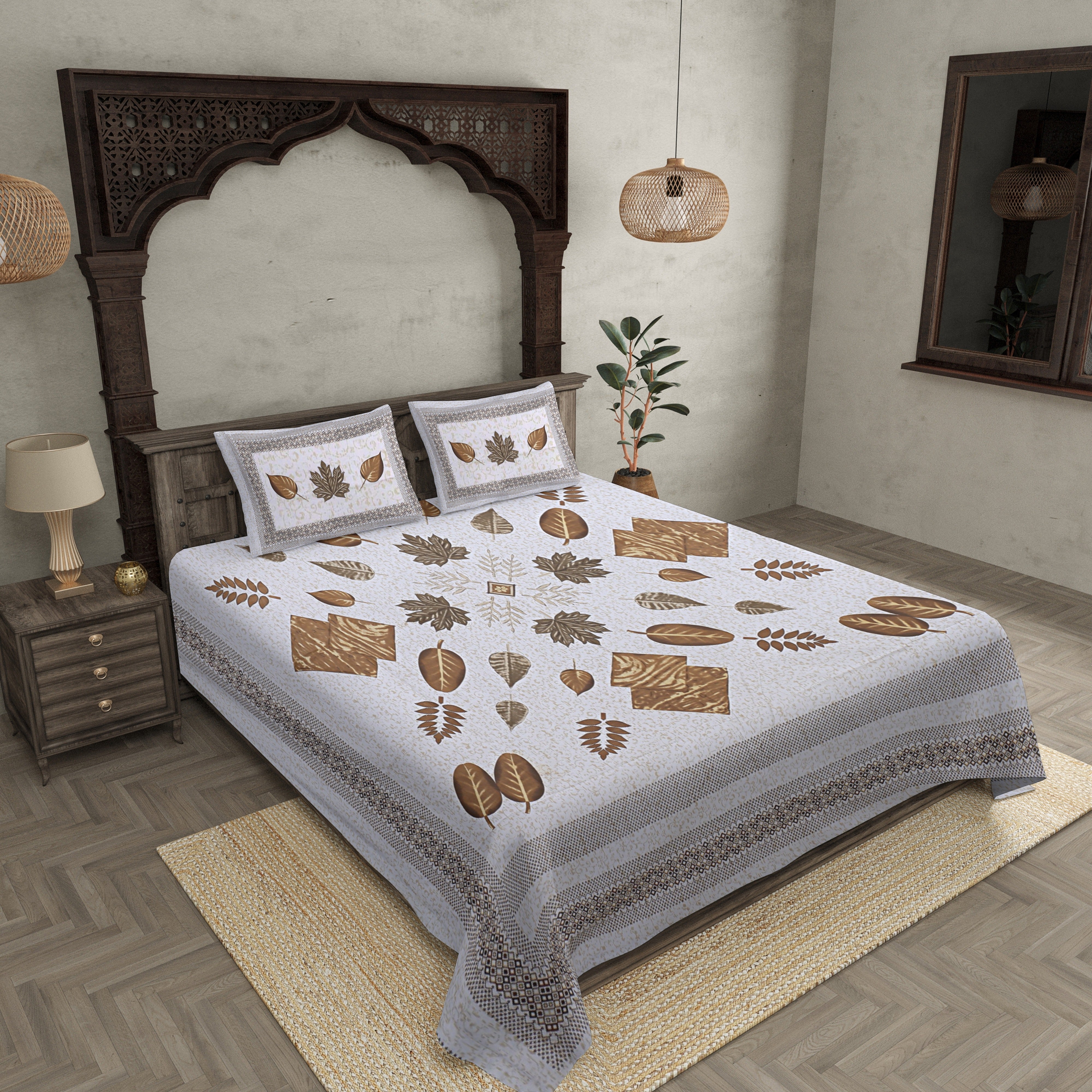 Playful Petals Brown Cotton Double Bedsheet