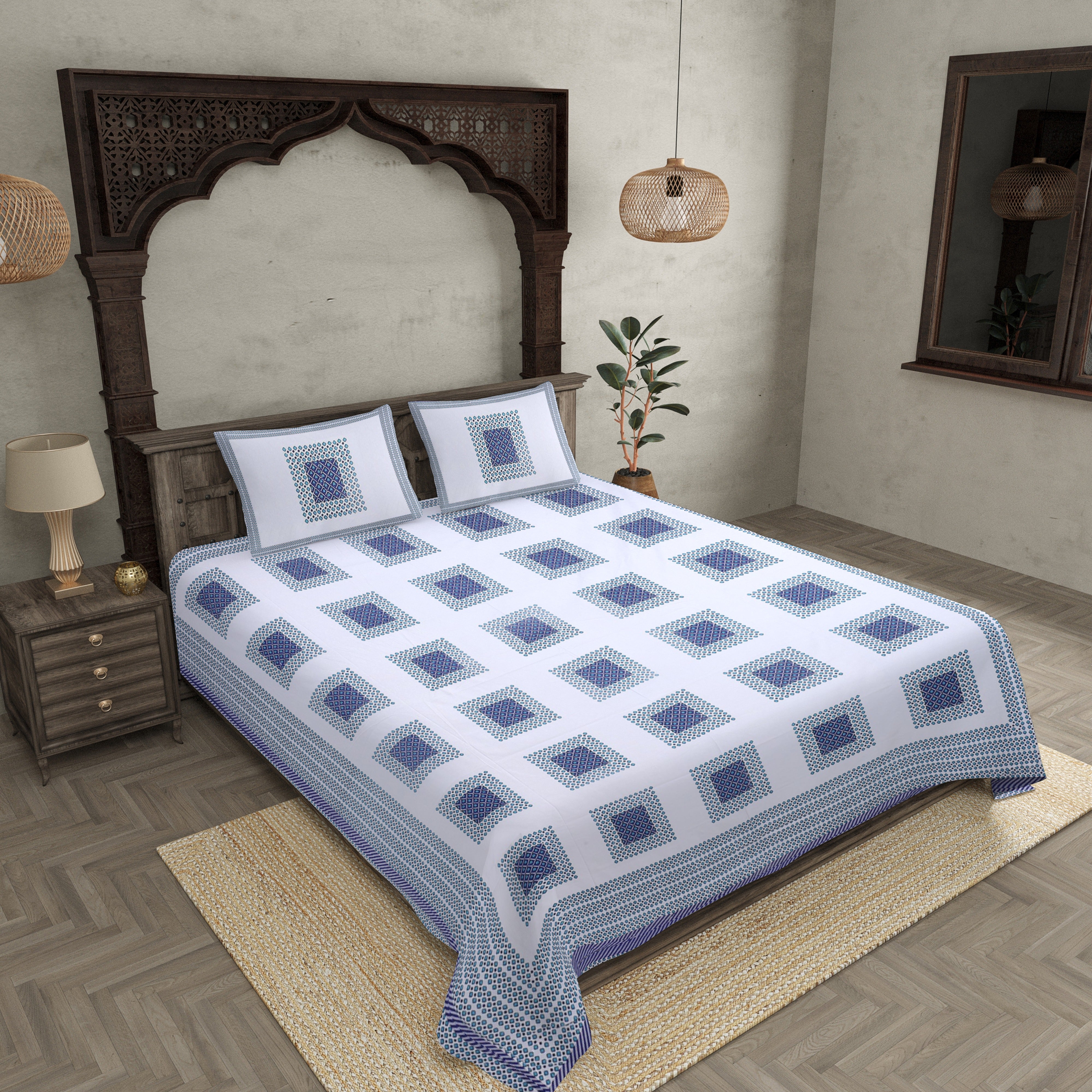 Double Bedsheet Navy Blue Checks Cotton