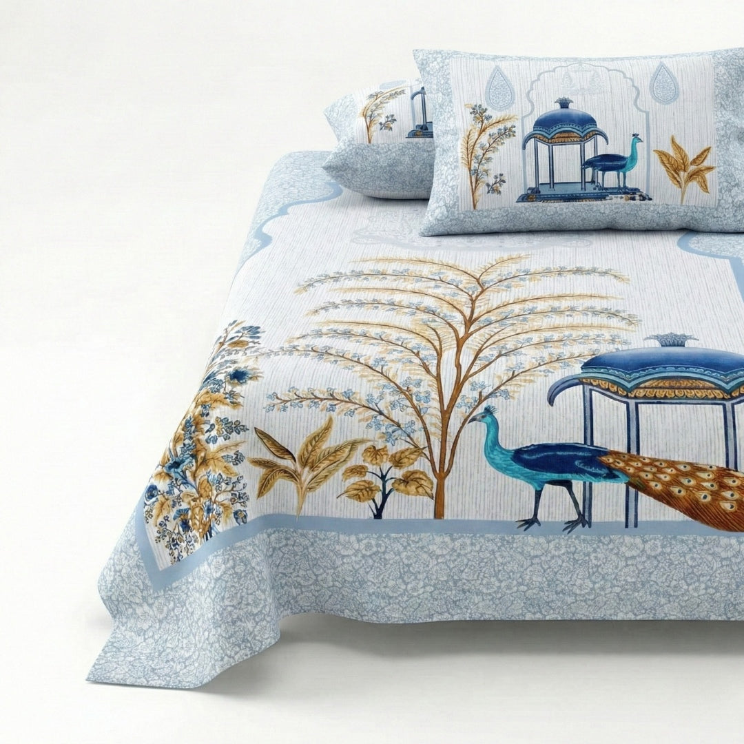 Classic Peacock Bliss Pure Cotton Azure Gold Double Bedsheet